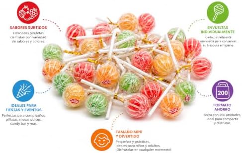 Gerio Mini Pops 200 Piruletas de Frutas Surtidas – Chupachups Mini de Sabores Variados, Caramelos con Palo Envueltos Individualmente, Ideales para Fiestas, Piñatas, Mesas Dulces y Celebraciones|B0H5WMLJQ8