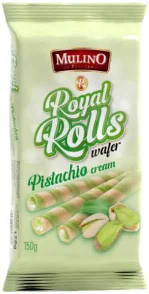 Mulino Royal Rolls Wafer Pistachio Cream Pack de 16 | Galletas Wafer Crujientes con Crema de Pistacho | Snack Dulce Gourmet para Café y Meriendas|B0H1QY95KJ