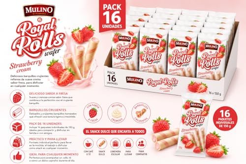Mulino Royal Rolls Wafer Strawberry Cream Pack de 16 | Galletas Wafer Crujientes con Crema de Fresa | Snack Dulce para Café y Meriendas|B0H1R9C9VV