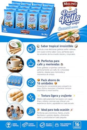 Mulino Royal Rolls Wafer Coconut Cream Pack de 16 | Galletas Wafer Cruientes con Crema de Coco | Snack Dulce, Galletas Rellenas para Café y Meriendas|B0H1QNDHKZ