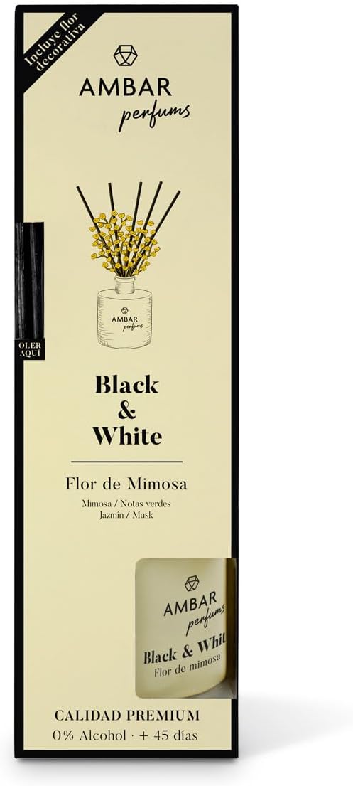 Ámbar Perfums Ambientador Mikado Black & White Flor de Mimosa – Difusor de Varillas Decorativo con Aroma Floral y Elegan – imagen 4