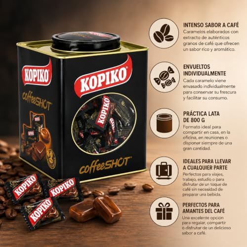 Kopiko Coffee Shot 800 g – Caramelos de Café con Extracto de Granos de Café Reales, Sabor Intenso y Energizante, Lata con Caramelos Envueltos Individualmente, Ideal para Oficina, Trabajo y Regalo|B0H5WDNQ6N