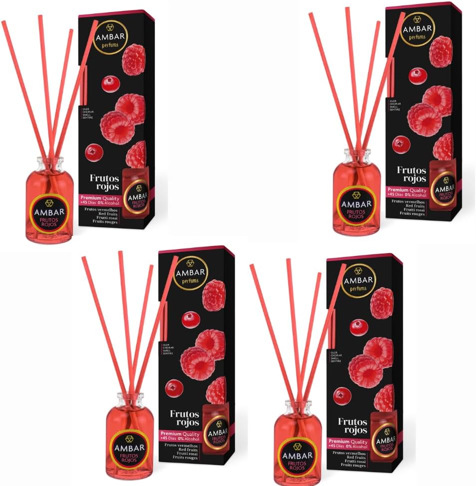 Pack 4 Mikados Ambientador AMBAR – Aroma Frutos Rojos – Difusores de Varillas sin Alcohol +45 Díaskados Ambientador AMBA