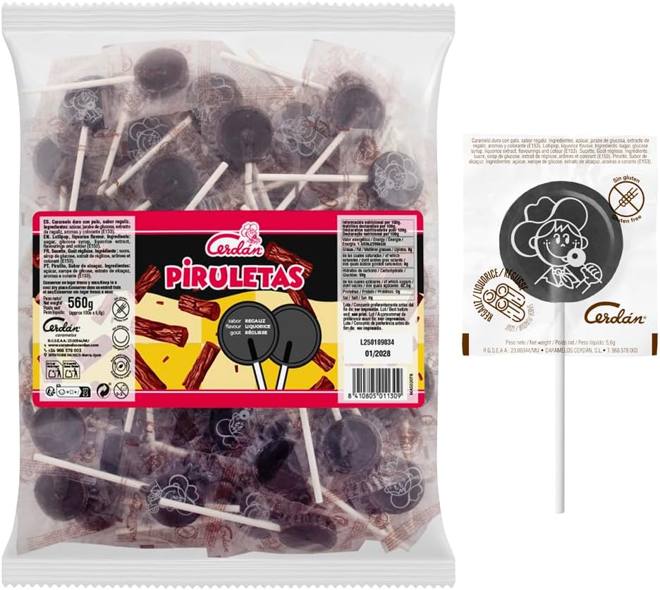 Caramelos Cerdán - Piruletas | Sabor a regaliz | Bolsa de 100 unidades aprox.