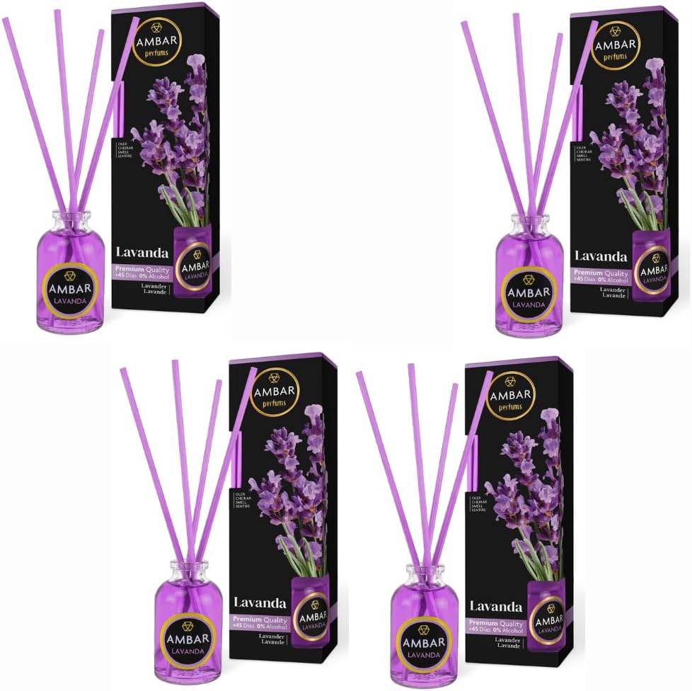 Pack 4 Mikados Ambar perfums – Aroma Lavanda – Ambientador de Varillas Natural y Relajante +45 Días