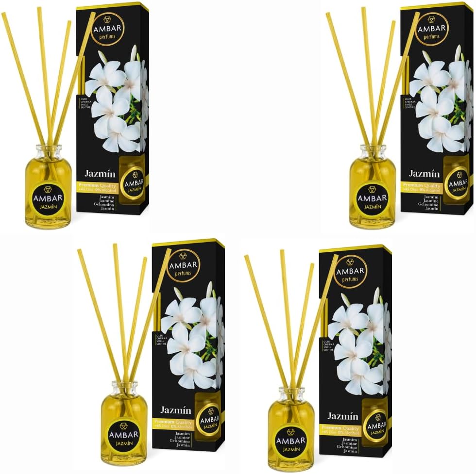 Pack 4 Mikados Ambientador ambar perfums – Aroma Jazmín – Difusores de Varillas Naturales +45 Días