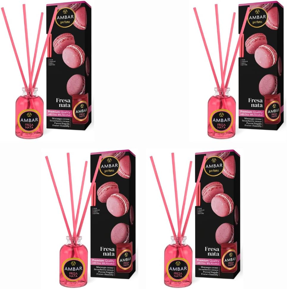 Mikado Fresa & Nata (Pack de 4) – Difusor de Varillas con Aroma Dulce y Diseño Ambar – Ambientador Ambar perfums