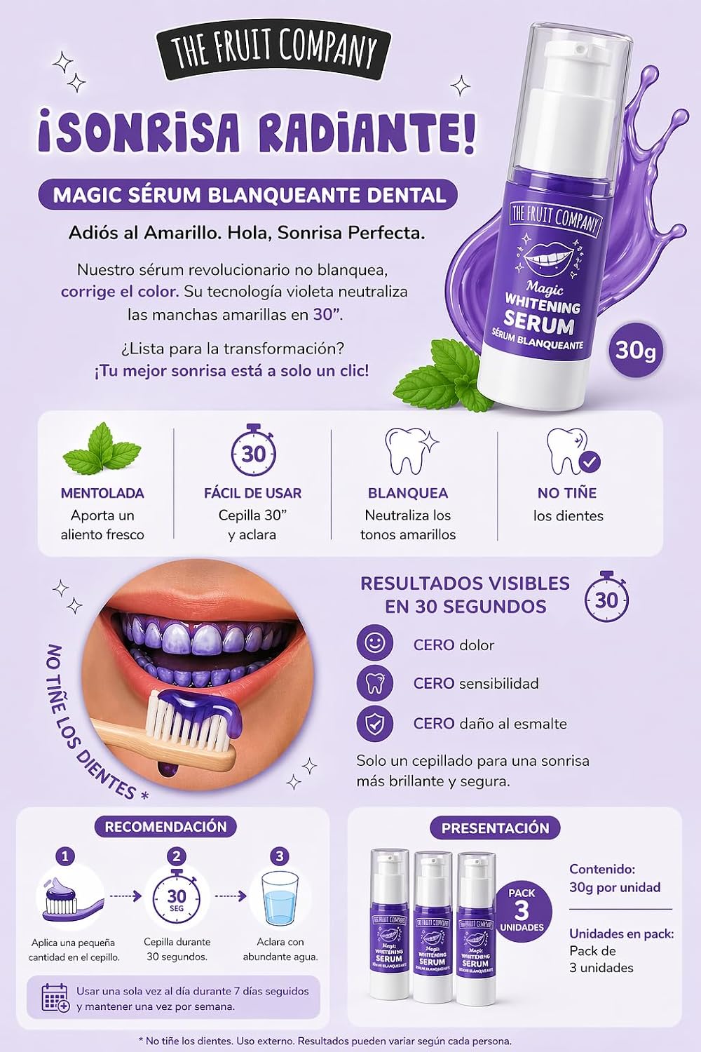 Pack 3 Sérum Blanqueador Dental The Fruit Company 30g – imagen 4