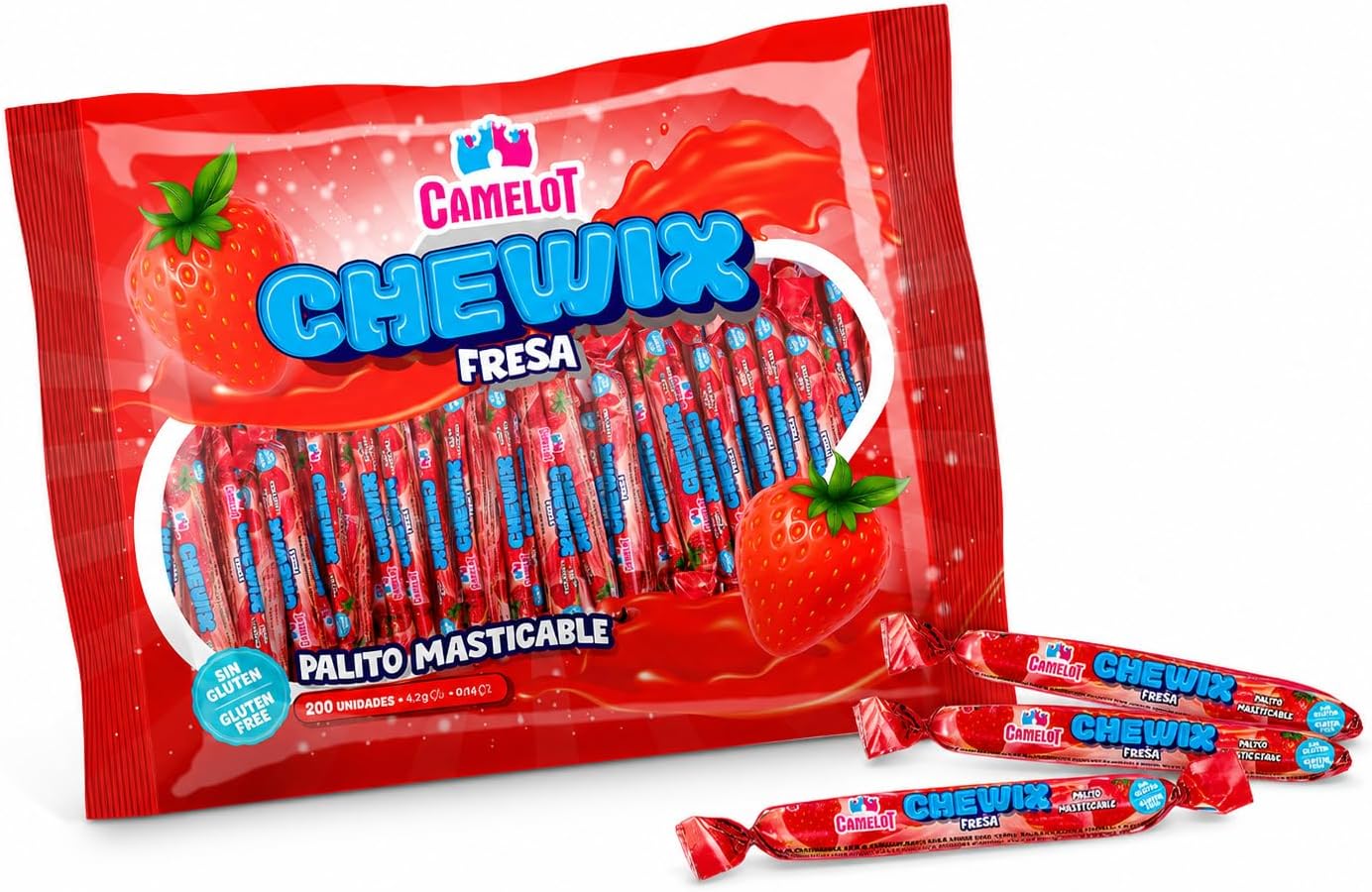 Camelot Chewix Fresa 200 Unidades – Palitos Masticables Sabor Fresa – Caramelos Blandos Sin Gluten – Bolsa de 840 g – Golosinas para Cumpleaños, Fiestas, Piñatas y Candy Bar
