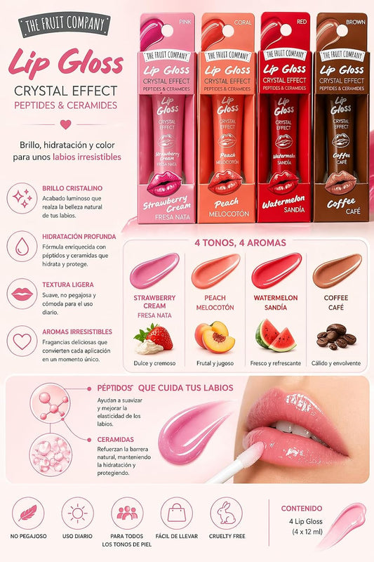 Pack 4 Lip Gloss The Fruit Company Crystal Effect | Brillo Labial con Péptidos y Ceramidas, Hidratación y Efecto Volumen, Sabores Fresa, Melocotón, Sandía y Café