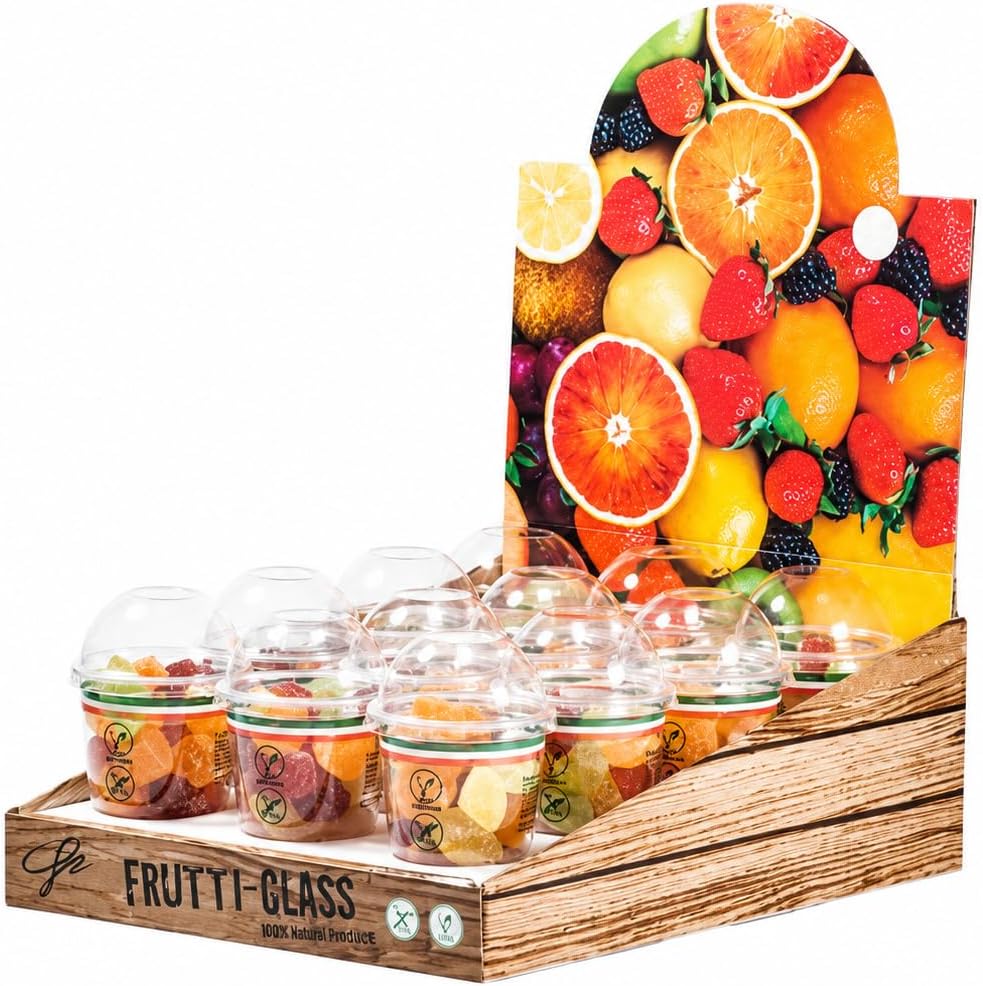 FIDA Frutti Glass Fruta Italiana Surtida en Vaso 200 g – Caja Expositora de 12 Unidades | Dulces de Frutas