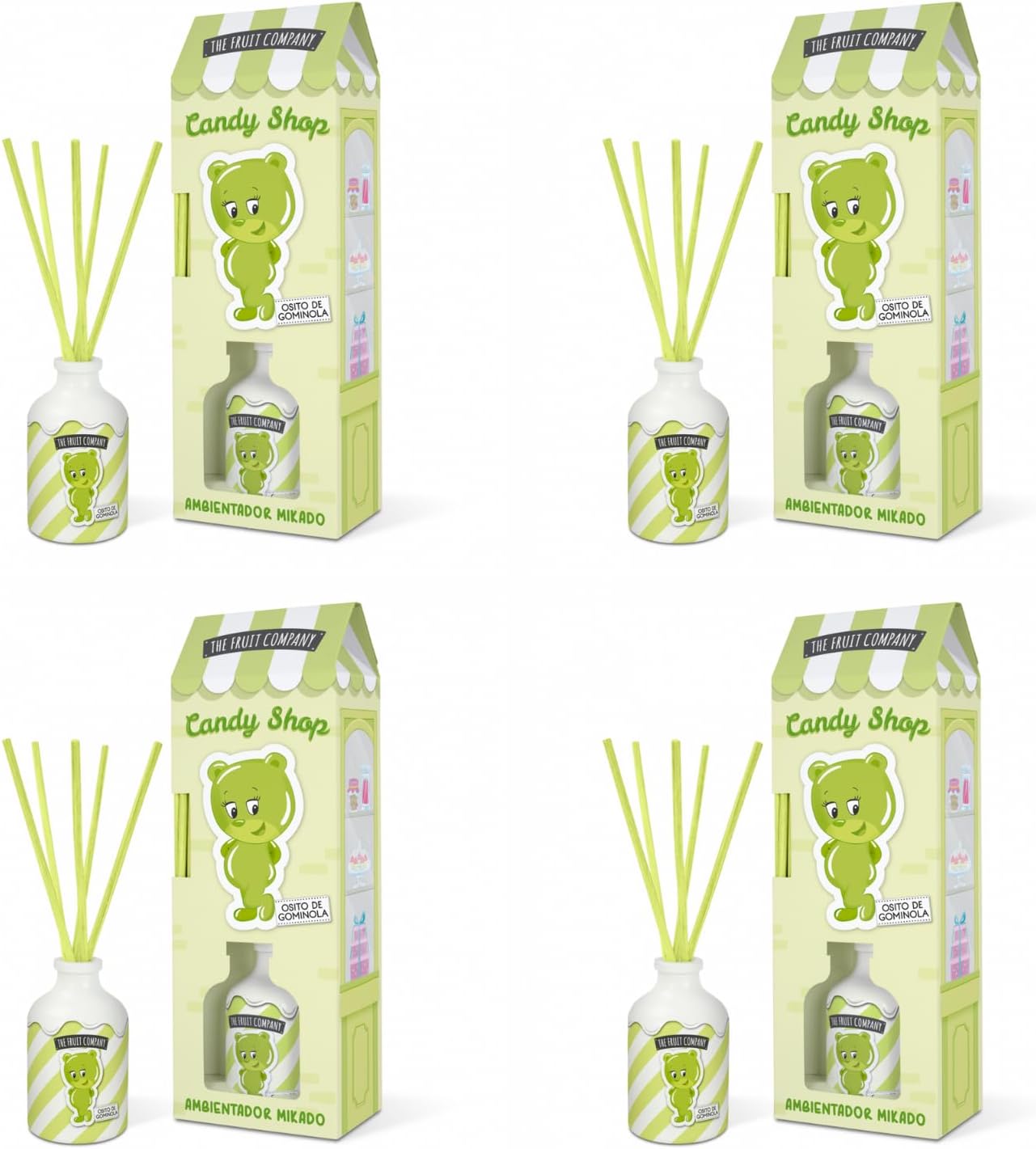The Fruit Company Mikado Osito de Gominola Pack 4 uds – Ambientador con Varillas 40 ml c/u – Aroma Dulce y Frutal – Difu