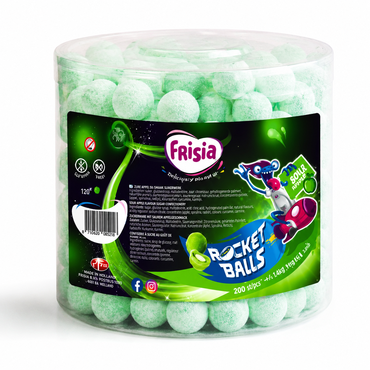 Frisia Rocket Balls Manzana Ácida 200 Unidades | Bolas de Caramelo Sabor Manzana Verde | Golosinas Ácidas para Cumpleaños, Fiestas, Piñatas y Candy Bar