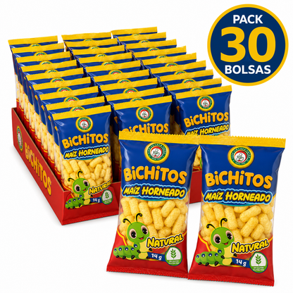 Bichitos de Maíz Horneado Pack 30 Bolsas x 14 g | Snack de Maíz Natural Sin Gluten | Aperitivo Individual Crujiente para Cumpleaños, Fiestas, Colegios, Meriendas y Piñatas