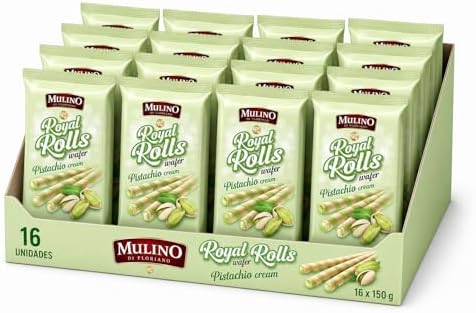 Mulino Royal Rolls Wafer Pistachio Cream Pack de 16 | Galletas Wafer Crujientes con Crema de Pistacho | Snack Dulce Gourmet para Café y Meriendas|B0H1QY95KJ