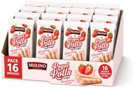 Mulino Royal Rolls Wafer Strawberry Cream Pack de 16 | Galletas Wafer Crujientes con Crema de Fresa | Snack Dulce para Café y Meriendas|B0H1R9C9VV