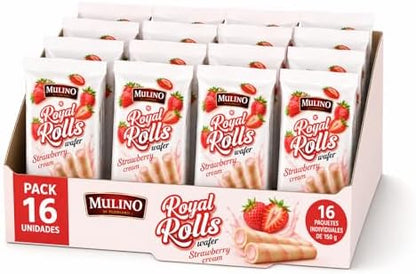 Mulino Royal Rolls Wafer Strawberry Cream Pack de 16 | Galletas Wafer Crujientes con Crema de Fresa | Snack Dulce para Café y Meriendas|B0H1R9C9VV