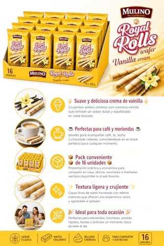 Mulino Royal Rolls Wafer Vanilla Cream Pack de 16 | Galletas Wafer Crujientes con Crema de Vainilla | Snack Dulce para Café y Meriendas|B0H1QTPK9Y