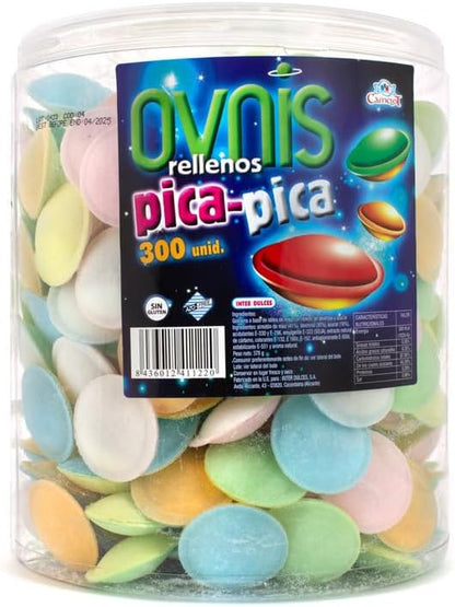 Ovnis Rellenos Pica Pica 300 Unidades | Caramelos Rellenos Surtidos Sin Gluten | Dulces Crocantes y Ácidos para Fiestas, Piñatas y Candy Bar