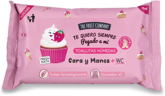 Toallitas Húmedas Fresa Nata Pack 6 x 15 uds – The Fruit Company | Cara, Manos y WC, PH Neutro, Con Aloe Vera y Vitamina E, Desechables