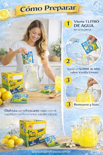 Refresco en Polvo MID Sabor Vainilla con Limón Ajinomoto | Bebida Instantánea con Vitamina C | Pack 5 Cajas (45 Sobres) | Bebida Refrescante para 1 Litro por Sobre|B0GXKXTXHW