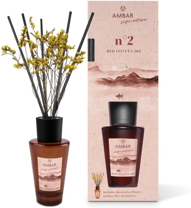 Pack 4 Ambientadores Mikado Ambar Signature nº2 Red Velvet Cake 85 ml | Difusor de Varillas con Flor Decorativa | Aroma Frambuesa, Pera Almizcle y Vainilla | Fragancia Dulce para Hogar