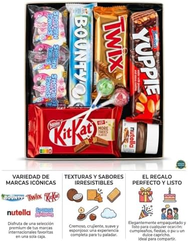 Caja Regalo Chocolates Variados – KitKat, Twix, Bounty, Nutella, Chuches Más | Cesta Dulce Surtida con Chuches y Snacks Gusanitos | Regalo Original para Cumpleaños, Navidad, San Valentín|B0GXB95GJC