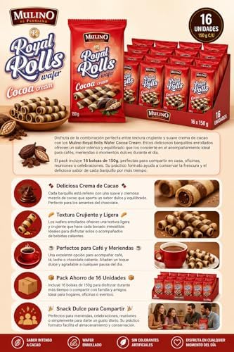 Mulino Royal Rolls Wafer Cocoa Cream | Pack 16 Unidades x 150g | Barquillos Rellenos de Crema de Cacao | Snack Dulce y Crujiente|B0H1MQMWQ6