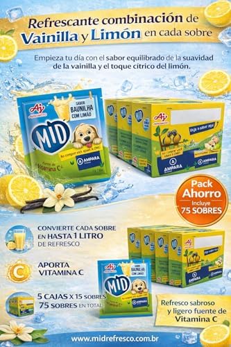 Refresco en Polvo MID Sabor Vainilla con Limón Ajinomoto | Bebida Instantánea con Vitamina C | Pack 5 Cajas (45 Sobres) | Bebida Refrescante para 1 Litro por Sobre|B0GXKXTXHW