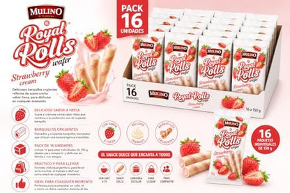 Mulino Royal Rolls Wafer Strawberry Cream Pack de 16 | Galletas Wafer Crujientes con Crema de Fresa | Snack Dulce para Café y Meriendas|B0H1R9C9VV