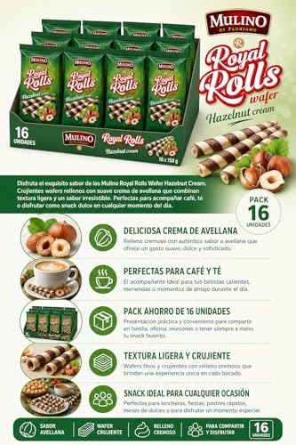 Mulino Royal Rolls Wafer Hazelnut Cream Pack de 16 | Galletas Wafer Crujientes con Crema de Avellana | Snack Dulce para Café y Meriendas|B0H1QSPK73