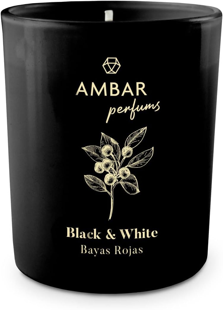 Ambar Perfums Vela Perfumada Black & White Bayas Rojas – Aroma Dulce para Hogar sin Alcohol – Hasta 45 Días de Fragancia – 125 g – Pack de 4 Velas