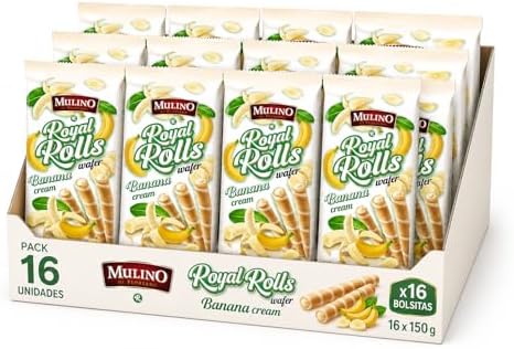 Mulino Royal Rolls Wafer Banana Cream Pack de 16 | Galletas Wafer Crujientes con Crema de Banana | Snack Dulce para Café y Meriendas|B0H1QZV7T2