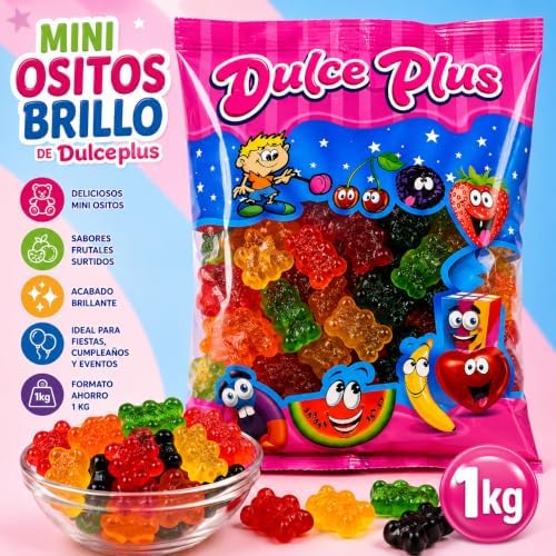 Mini Ositos Brillo Dulceplus 1 Kg – Gominolas de Frutas Surtidas con Acabado Brillante, Chuches Blandas Multicolor, Golosinas para Cumpleaños, Fiestas, Eventos, Candy Bar y Celebraciones|B0H5QZDG88