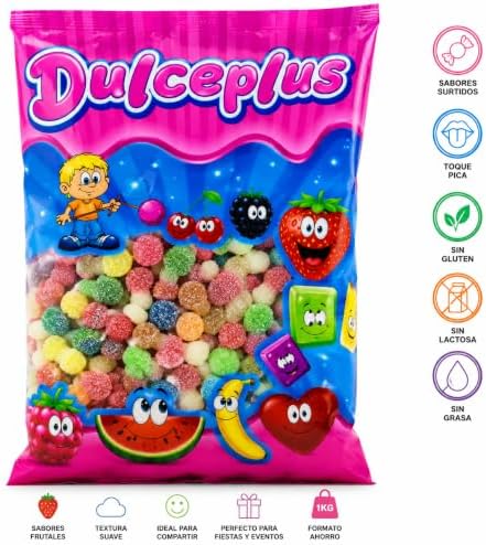 Dulceplus Mini Rellenitos Pica 1 Kg – Gominolas Ácidas de Frutas Surtidas con Centro Cremoso, Chuches Blandas Recubiertas de Azúcar, Golosinas para Fiestas, Cumpleaños y Candy Bar|B0H5TDYT4J