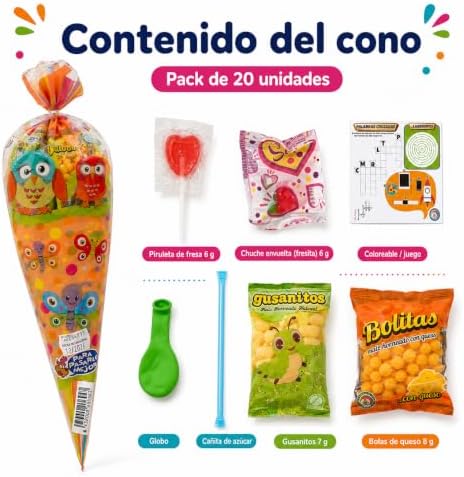 20 Bolsas de Chuches para Cumpleaños Infantiles – Gominolas y Chucherías Surtidas Sin Gluten | Conos de Dulces Coloridos para Fiestas, Piñatas, Colegios, Regalos y Eventos | Sorpresa para Niños y Niña|B0H6G5ZVZH