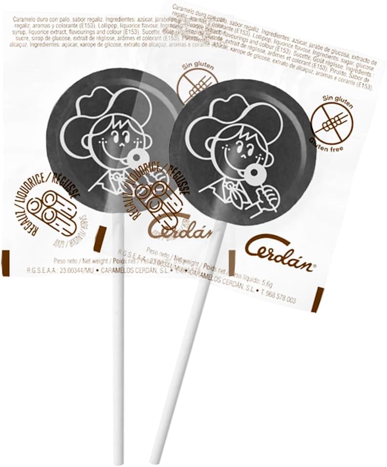 Caramelos Cerdán - Piruletas | Sabor a regaliz | Bolsa de 100 unidades aprox.