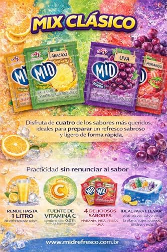 AJINOMOTO MID Bebida en Polvo Mix Clásico 5 Cajas x 15 Sobres – Sabores Fresa, Uva, Naranja y Piña | Refresco Instantáneo, Bajo en Azúcar, Fuente de Vitamina C, Preparación Rápida|B0GXKY1KM9