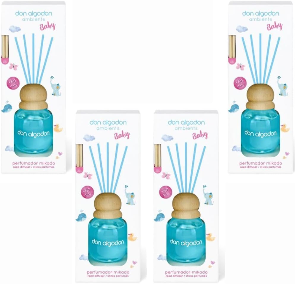 Pack 4 Mikados Don Algodón Aroma Baby – Ambientador de Varillas | +240 Días de Fragancia Suave
