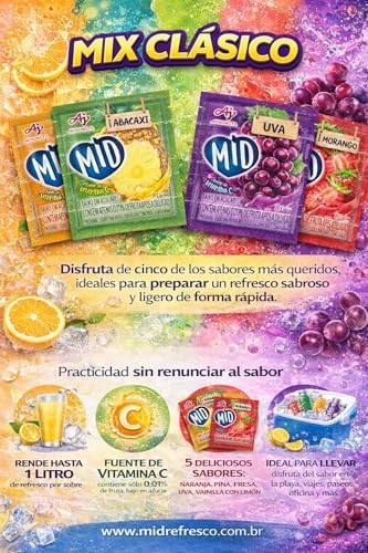 AJINOMOTO MID Bebida en Polvo Mix Clásico 5 Cajas x 15 Sobres – Sabores Fresa, Uva, Naranja y Piña | Refresco Instantáneo, Bajo en Azúcar, Fuente de Vitamina C, Preparación Rápida|B0GXKY1KM9