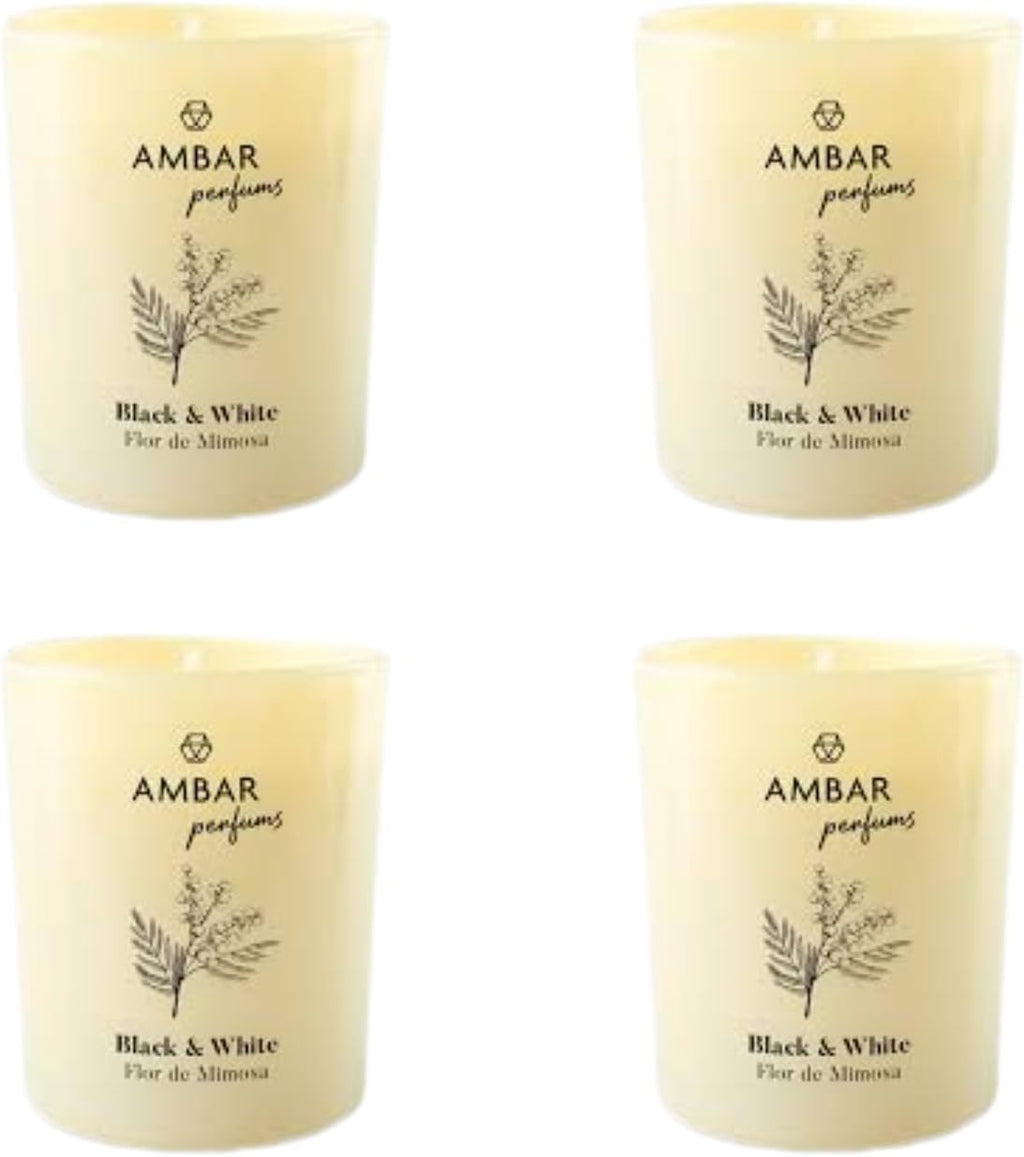 Ambar Perfums Vela Perfumada Black & White Flor mimosa – Aroma Dulce para Hogar sin Alcohol – Hasta 45 Días de Fragancia – 125 g – Pack de 4 Velas