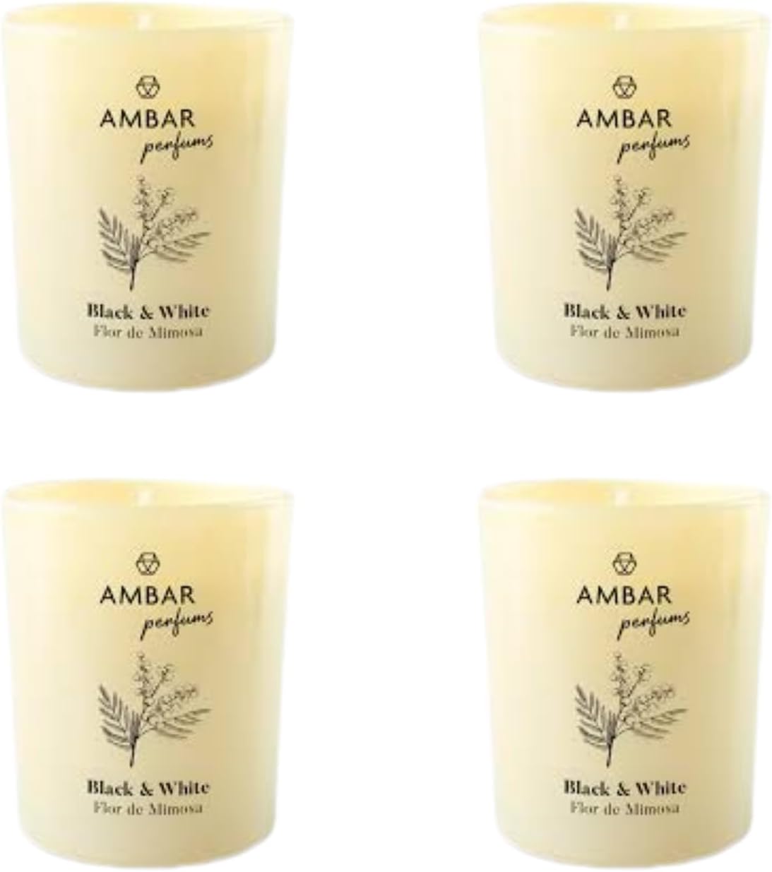 Ambar Perfums Vela Perfumada Black & White Flor mimosa – Aroma Dulce para Hogar sin Alcohol – Hasta 45 Días de Fragancia – 125 g – Pack de 4 Velas