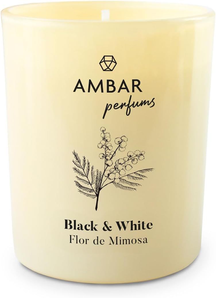 Ambar Perfums Vela Perfumada Black & White Flor mimosa – Aroma Dulce para Hogar sin Alcohol – Hasta 45 Días de Fragancia – 125 g – Pack de 4 Velas
