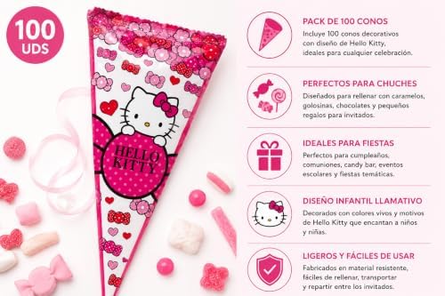 Conos para Chuches Hello Kitty – Pack de 100 Unidades para Cumpleaños, Fiestas Infantiles, Candy Bar y Celebraciones|B0H5CQ8X5P