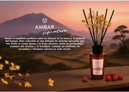 Pack 4 Ambientadores Mikado Ambar Signature nº3 Sandalwood & Amber 85 ml | Difusor de Varillas con Flor Decorativa | Aroma Sándalo, Madera de Eucalipto y Bois de Guayac | Fragancia Elegante para Hogar