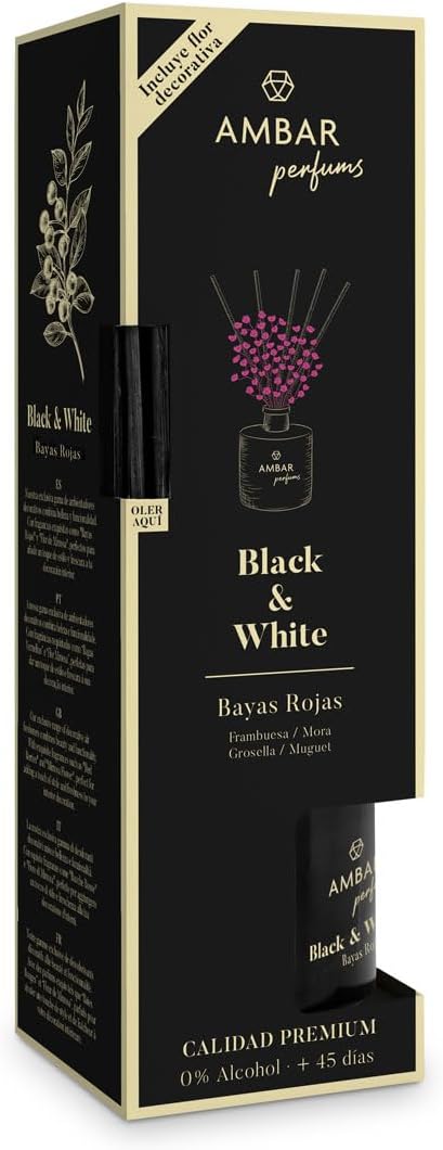 Pack 4 und mikado en varillas ambientador para hogar ambar perfums black and white parent (Bayas Rojas)