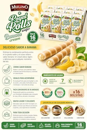 Mulino Royal Rolls Wafer Banana Cream Pack de 16 | Galletas Wafer Crujientes con Crema de Banana | Snack Dulce para Café y Meriendas|B0H1QZV7T2