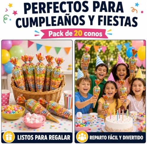 20 Bolsas de Chuches para Cumpleaños Infantiles – Gominolas y Chucherías Surtidas Sin Gluten | Conos de Dulces Coloridos para Fiestas, Piñatas, Colegios, Regalos y Eventos | Sorpresa para Niños y Niña|B0H6G5ZVZH