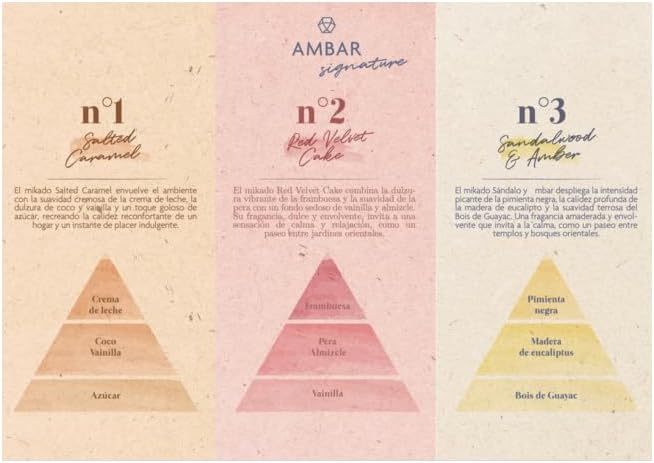 Pack 4 Ambientadores Mikado Ambar Signature nº2 Red Velvet Cake 85 ml | Difusor de Varillas con Flor Decorativa | Aroma Frambuesa, Pera Almizcle y Vainilla | Fragancia Dulce para Hogar