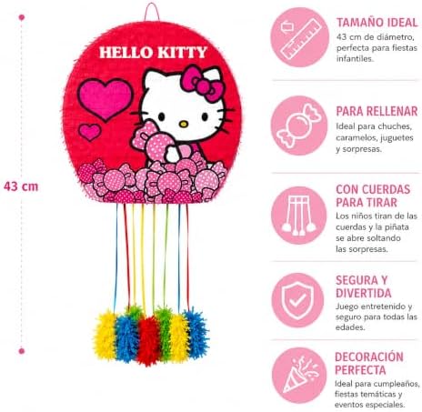 Piñata Hello Kitty 43 cm con Cuerdas para Tirar | Decoración para Cumpleaños Infantiles y Fiestas Temáticas | Piñata para Chuches, Regalos y Sorpresas | 1 Unidad|B0H5BYDDRY